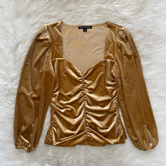 Boston Proper Gold Velvet Ruched Sweetheart Neckline Top Long Sleeve Shirt Top - Picture 2 of 9